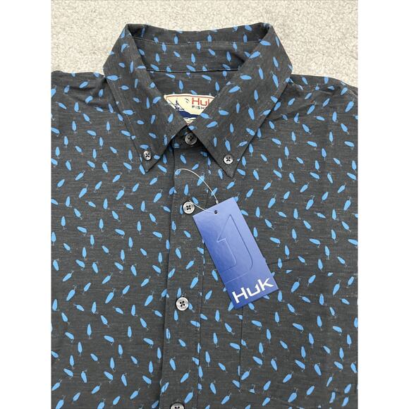 Huk Button Down Shirt Mens Medium Fishing Kona Lure Splash Performance Print NWT - Picture 2 of 11